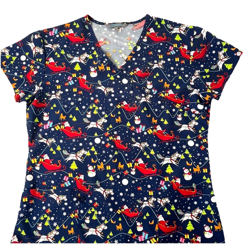 Serene Uniforms Womens‎ Scrub Top L Blue S/S Festive Christmas Santa Unicorns